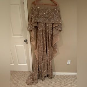 CHIC AND HOLLAND handmade sequin mermaid cape gown with long train. designer.